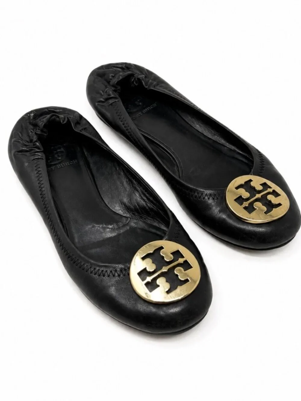 Tory Burch Reva Ballet Flats Black Leather Gold Logo Slip On Shoes Women's 7.5
